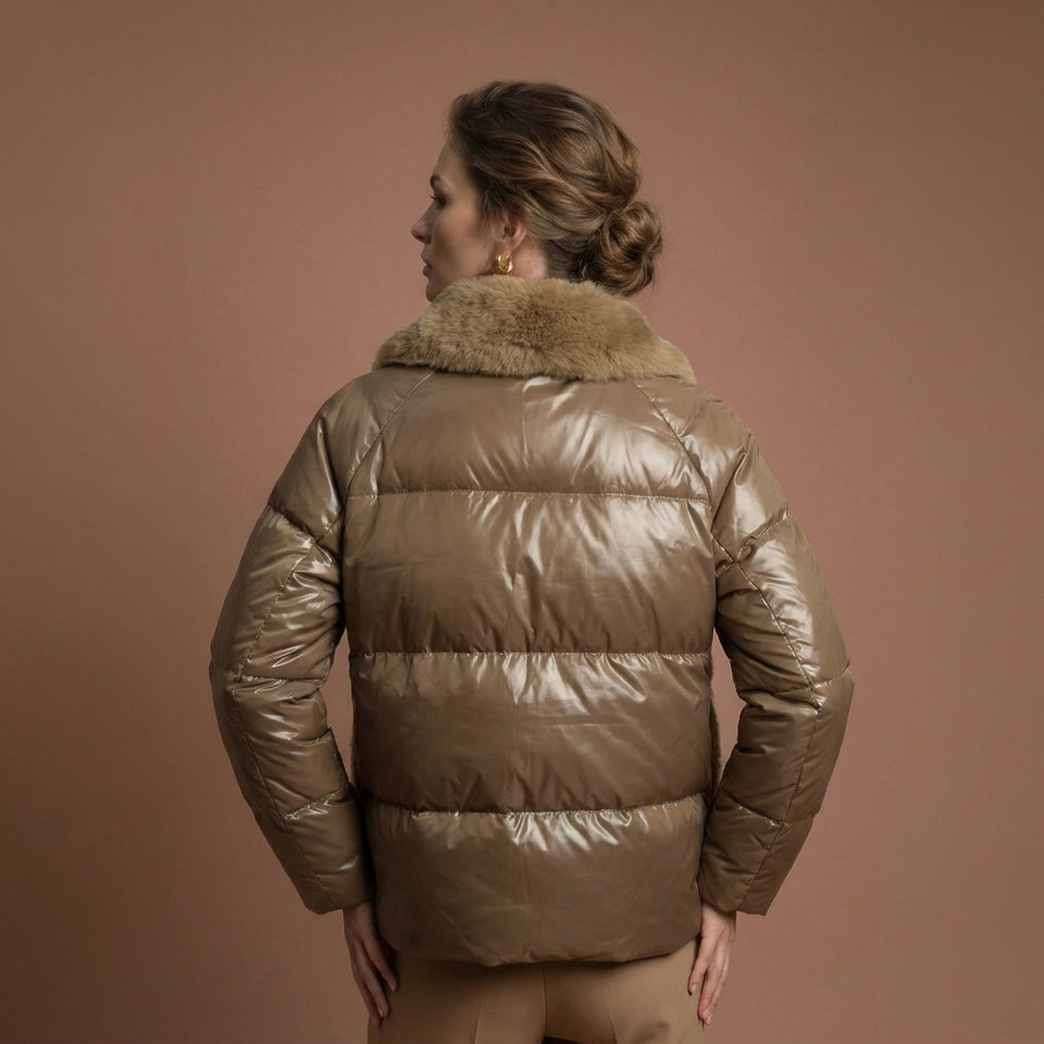 Kürk Detaylı Şişme Mont - Camel
