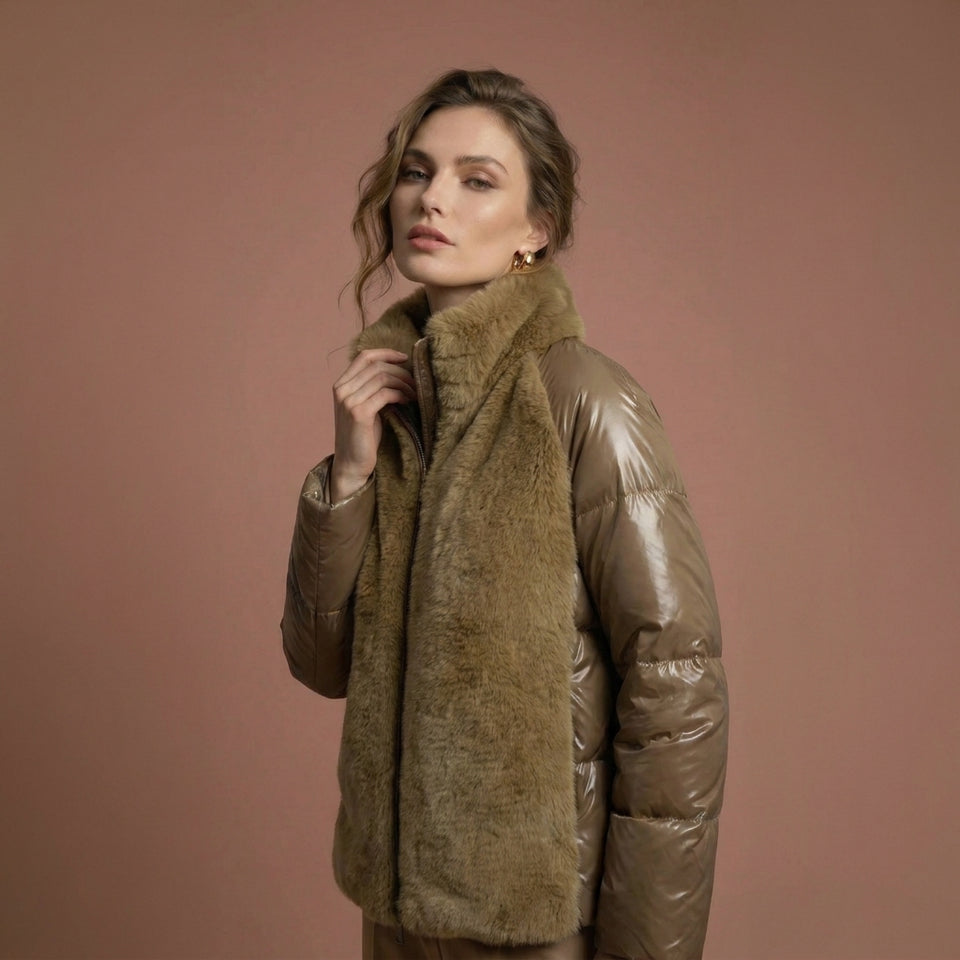 Kürk Detaylı Şişme Mont - Camel