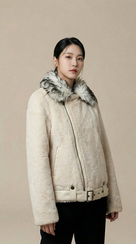 Kadın Shearling Görünümlü Ceket Kemerli Krem
