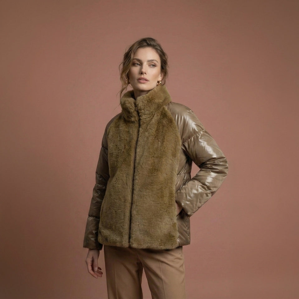 Kürk Detaylı Şişme Mont - Camel