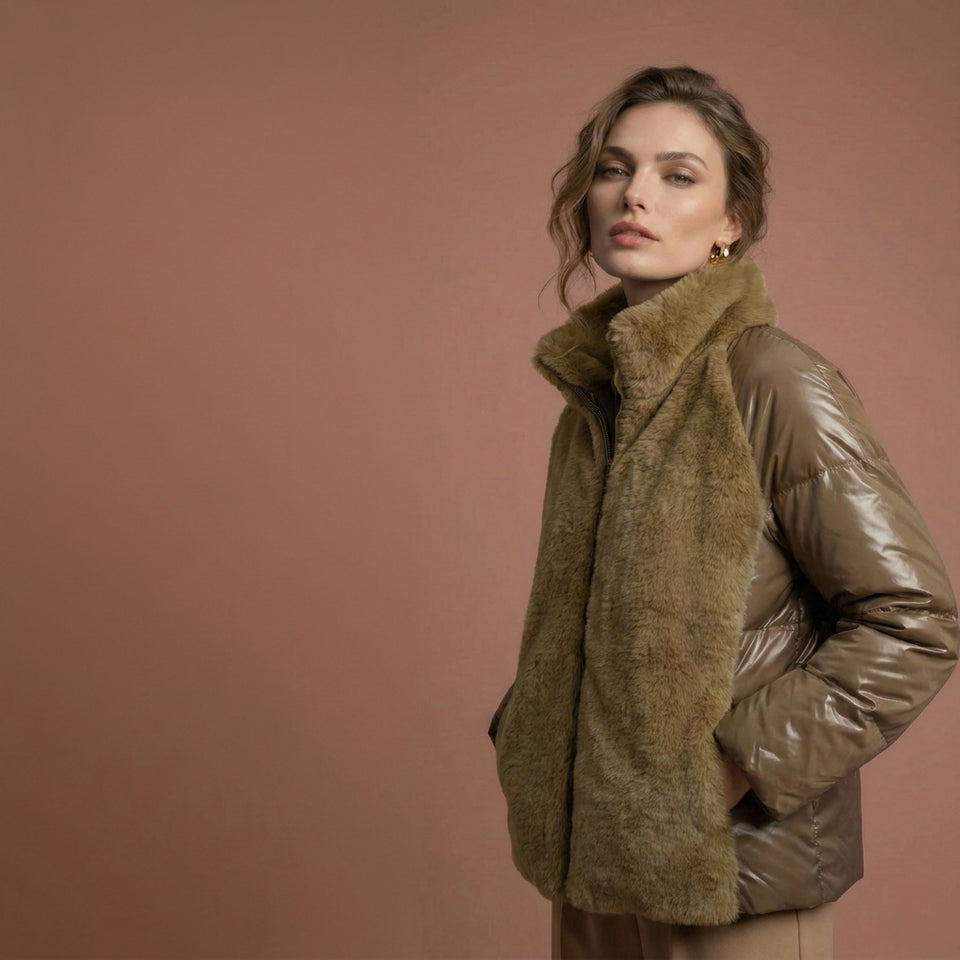 Kürk Detaylı Şişme Mont - Camel