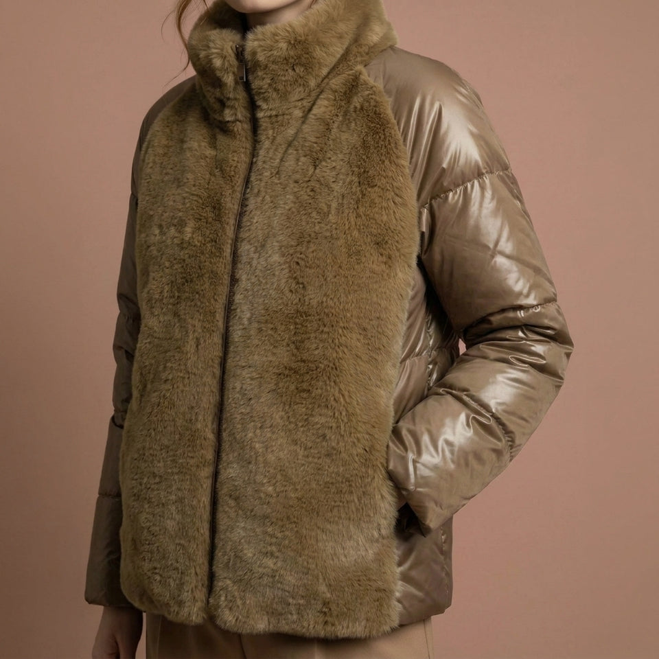 Kürk Detaylı Şişme Mont - Camel