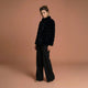 Yatay Şeritli Dik Yaka Kürk Mont - Siyah